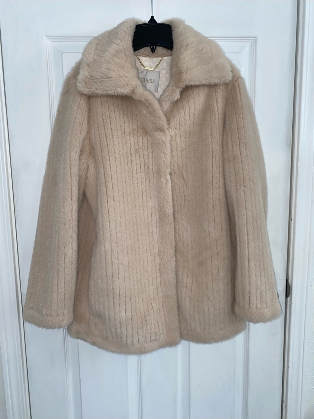 Guess Plush Faux Fur Jacket in Beige Darling Coat